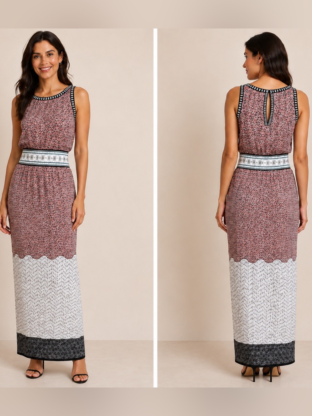 Max Studio Classy Sleeveless Maxi Dress in Dusty Rose Pink, Cream Small